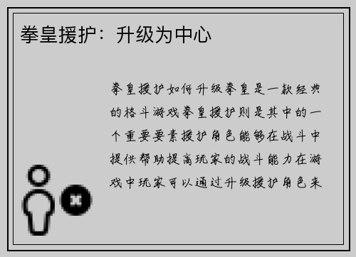 拳皇援护：升级为中心